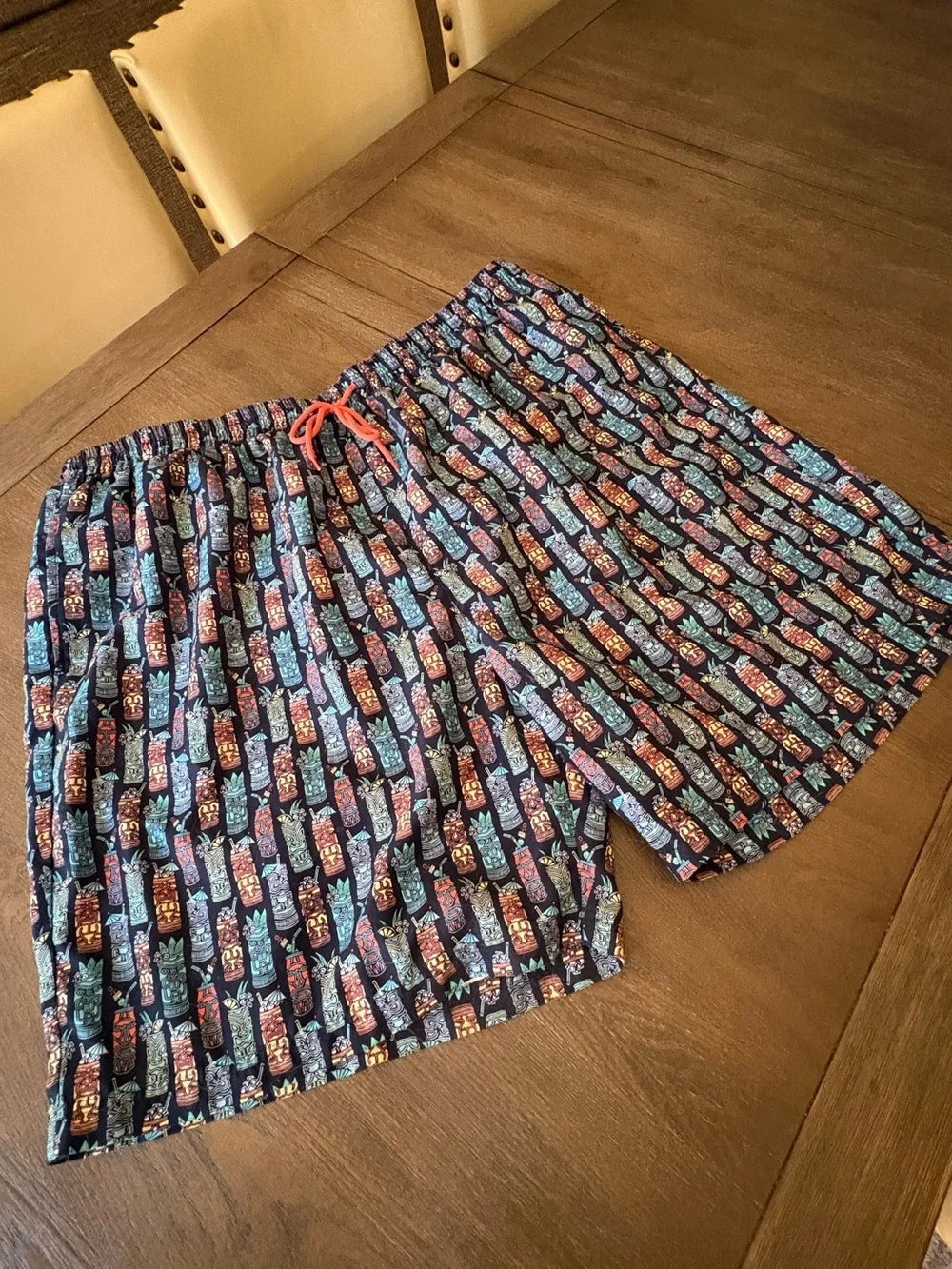 Fun🎉 Caribbean Swimwear Navy Tiki Pattern Swim Trunks with Coral Drawstring 3XL